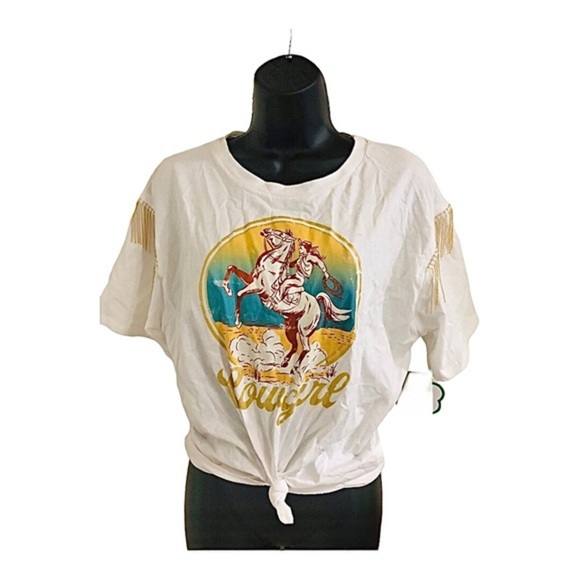 Rodeo Cowgirl gold fringe tassels White Cotton tee shirt size medium new - Picture 11 of 11